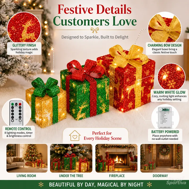 3pc Christmas Ornaments Gift Box LED Lanterns with Remote & Warm Light