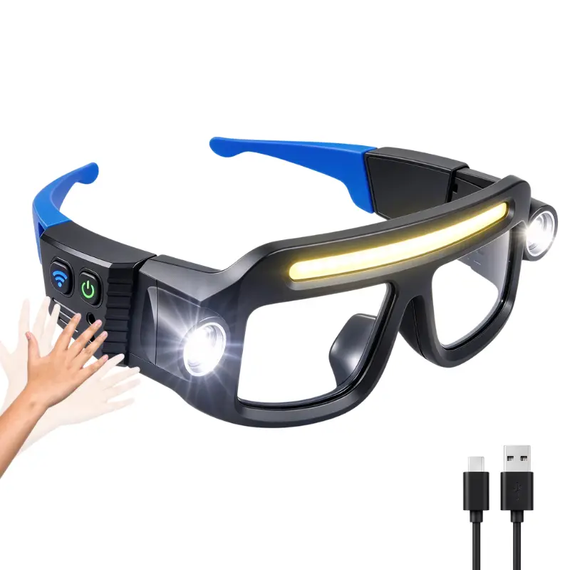 Rechargeable LED Headlamp Glasses - Hand-Wave Sense, Type-C USB Charging, 5-Mode COB Lights, Dual Side Spotlights, IPX4 Waterresist, Lightweight Motorcycle Accessories for Camping, Automotive Tasks