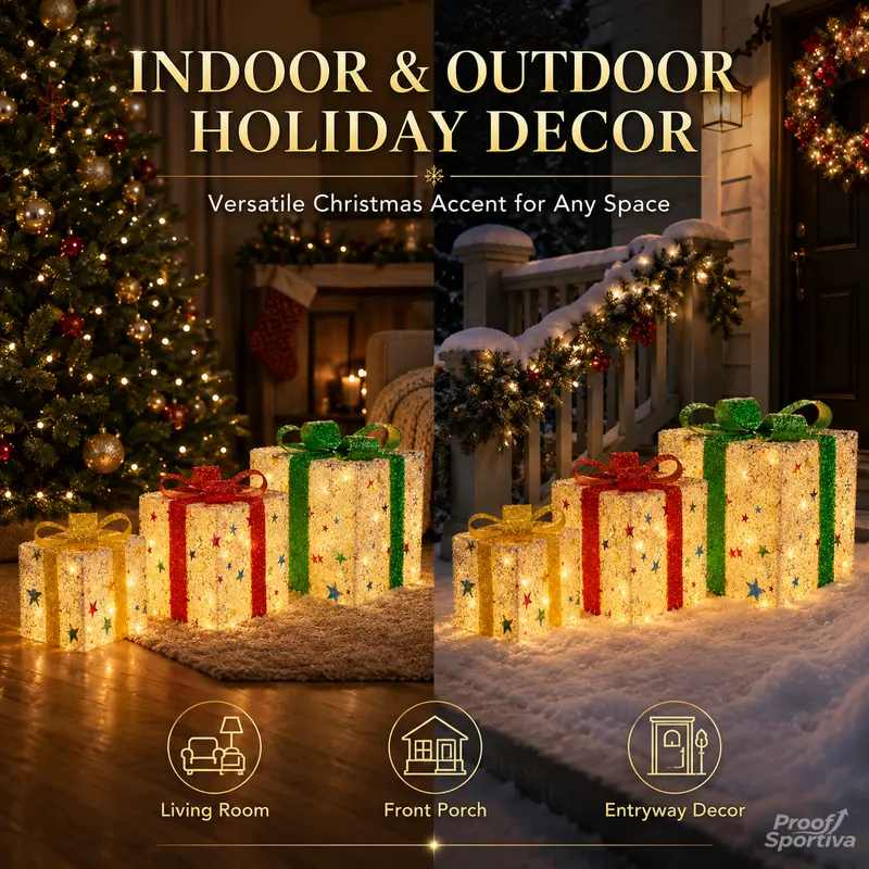 3pc Magical Plastic Christmas Ornaments Set with Gift Box - 8 Modes, Remote Control, Warm Light LED Lights, Ribbon Accents, DIY Assembly, AA Battery Powered (Battery Not Included) for Indoor/Outdoor Camping Hiking Use