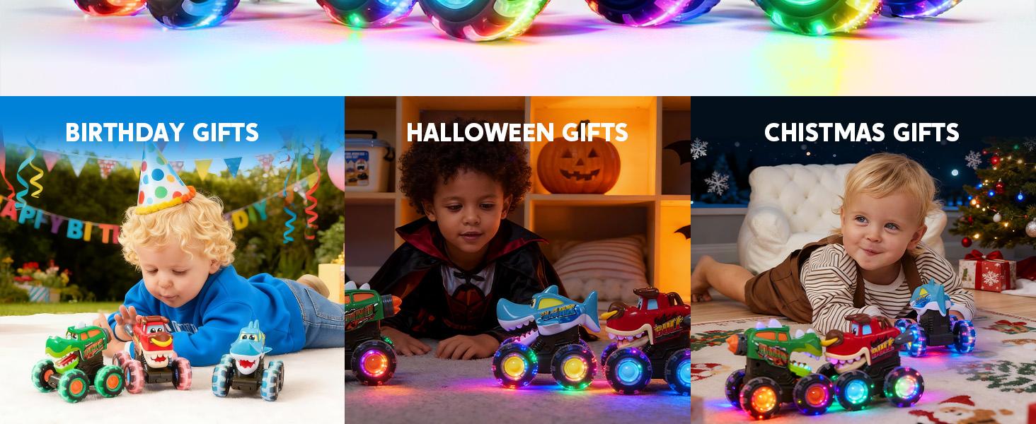 JOYIN Toys for Kids 3 Pack Monster Truck Toy Motion Activated Light-Up Cars Press & Go Cars for Boys Girls Baby Toy Present BUMP MONSTER TRUCK SET Ride On Car with LED Lights & Action 51001