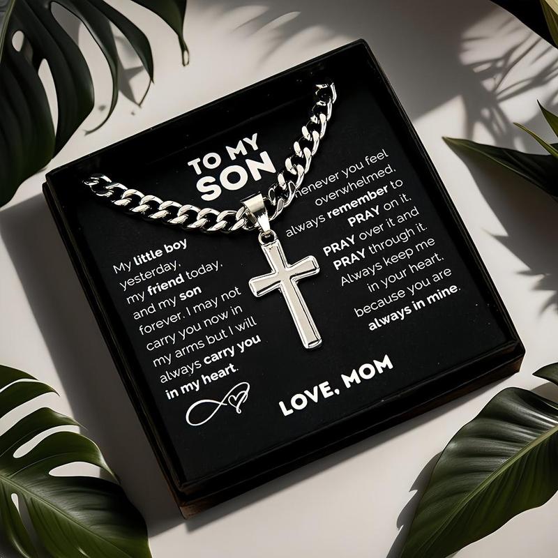 "To My Son" Stainless Steel Cross Pendant Necklace, Birthday Gift, Valentine's Day Gift, Christmas Gift, with Card and Gift Box Packaging, the Perfect Gift for Loved Ones Personalized