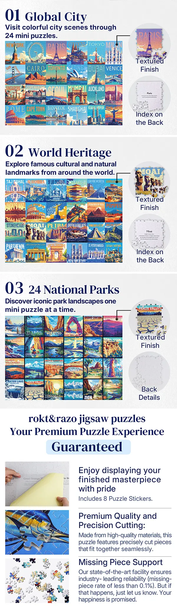 rokt&razo Travel Series, 24 Mini Pack 1000 Pieces Jigsaw Puzzle, 8 Puzzle Stickers, 3 Themes: National Parks, World Heritage, Global City Tour, Daily Puzzle, Family Game Night, Finished Size 27.5 x 19.7 in