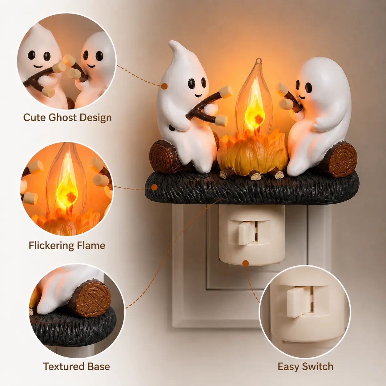3D Flickering Campfire Night Light - Halloween & Christmas Decor, Resin Indoor Holiday Light