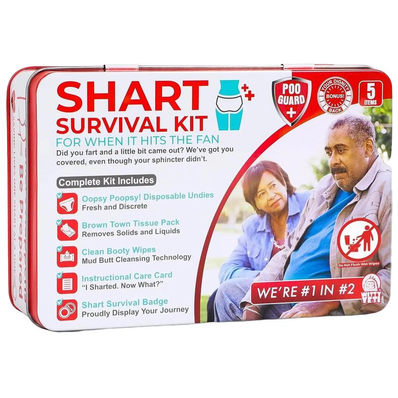 Funny Shart Survival Kit by. Ultimate Poop Prank Gag Gift Set Contains Wet Wipes, Disposable Underwear, Tissues and Hilarious Badge. 