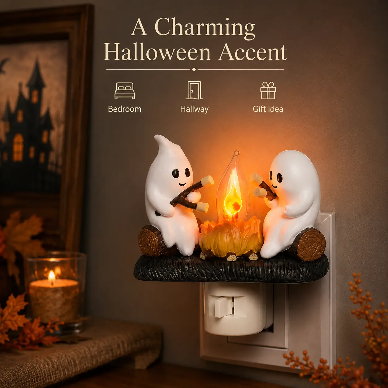 3D Flickering Campfire Night Light - Halloween & Christmas Decor, Resin Indoor Holiday Light