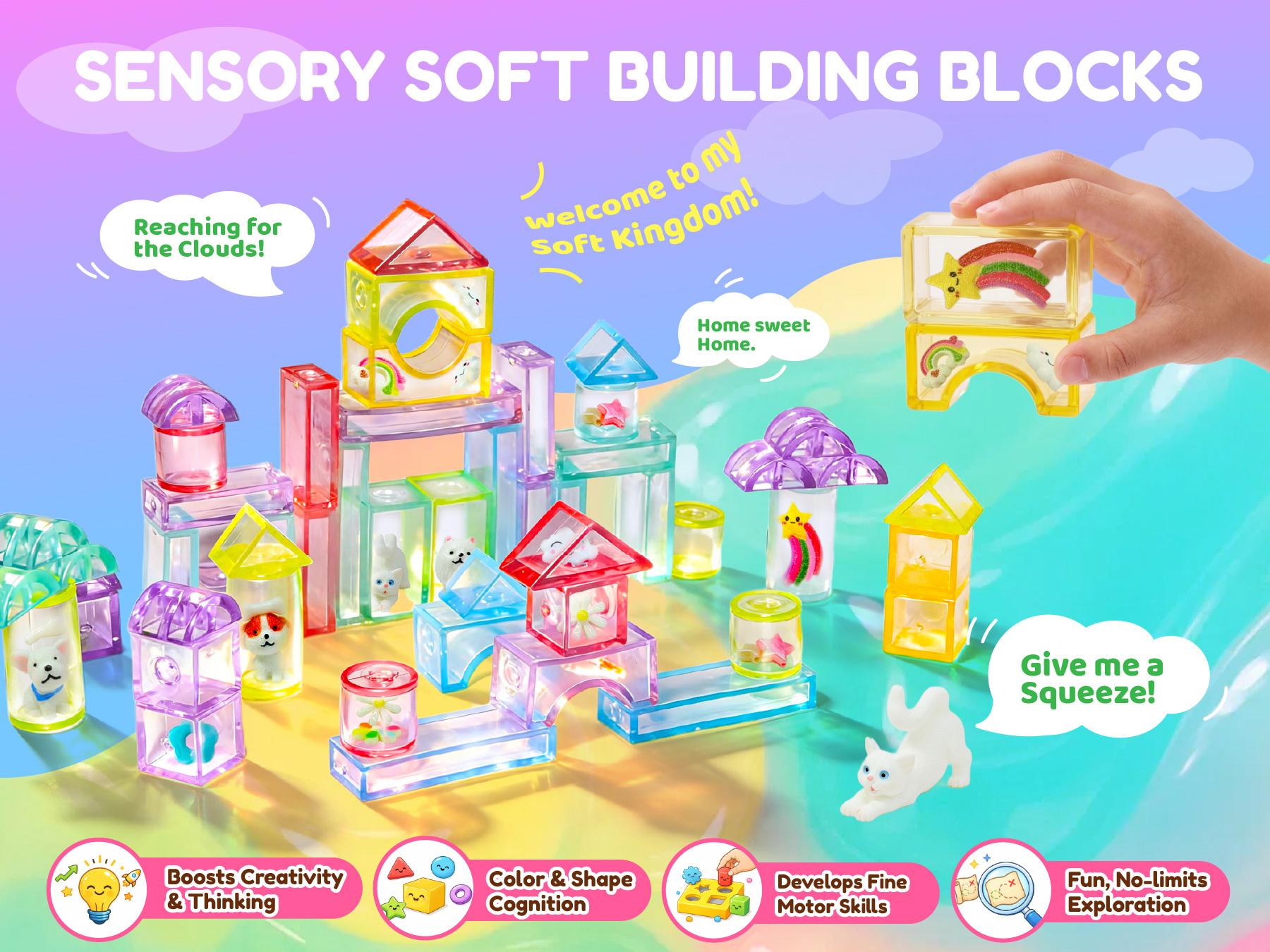 JOYSPOT Soft Jelly Building Blocks, Squishy Multi-color Stacking Building Blocks Toy Set, Non-toxic Sensory Tactile Play Toy Safe Squeezable & Stretchable Fun, Puzzle Blocks for Kids Early learning Preschool STEM Creative Construction Bath Toy Age 3+ tikt