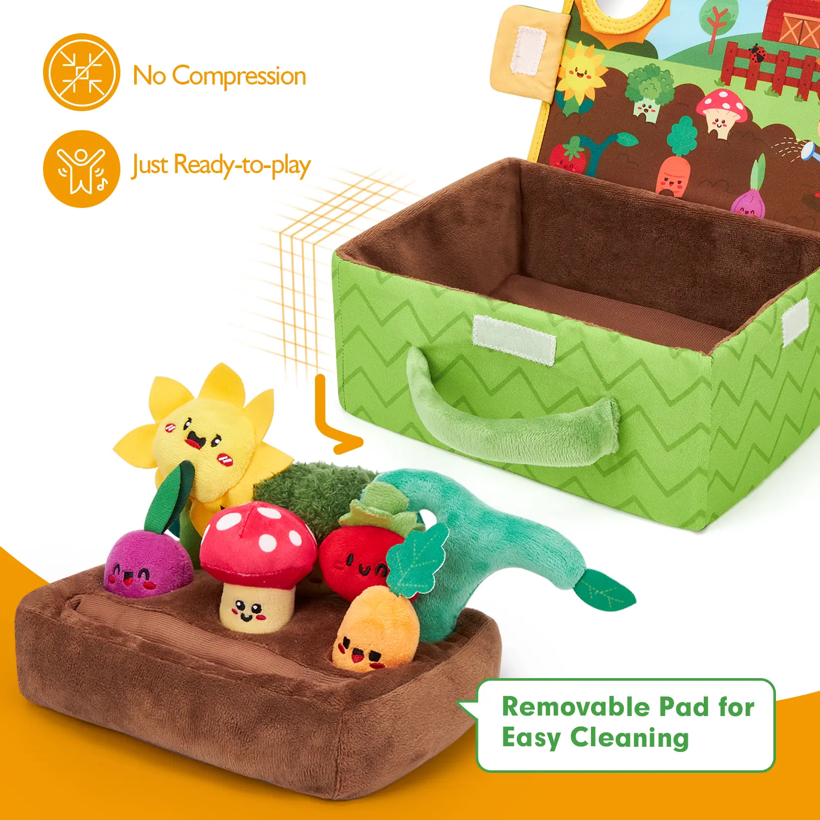 My First Garden Stuffed Toys Set-Fruits Vegetables Garden Plant Plush-Sensory for Babies 6-12 Months,Montessori Sensory Toy Carrot Flower with Rattles Mirror Squeaker Textures , Baby Gifts,Soft Huggable Stuffedtoy,Durable Soft Fluffy