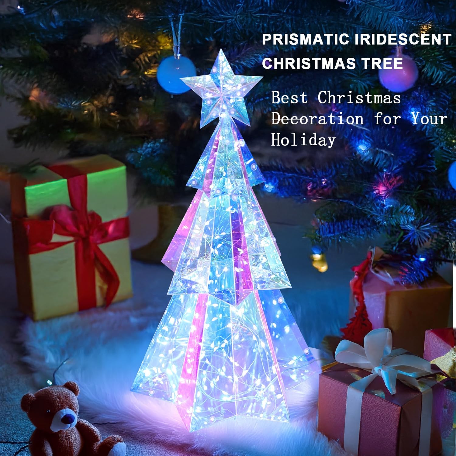 Holographic Christmas Tree, Desktop Decoration Tree with LED Lights, Prismatic Iridescent Christmas Tree Gift for Kids Girls Families Office Indoor Decorations