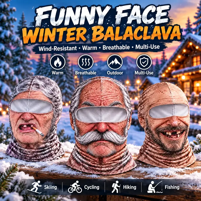Funny Old Man Face Balaclava Mask, Dralon Thermal Fabric Winter Ski Mask, Warm Wind-Resistant Full Face Cover, Novelty Outdoor Headwear for Men & Women, Skiing, Cycling, Hiking & Winter Activities