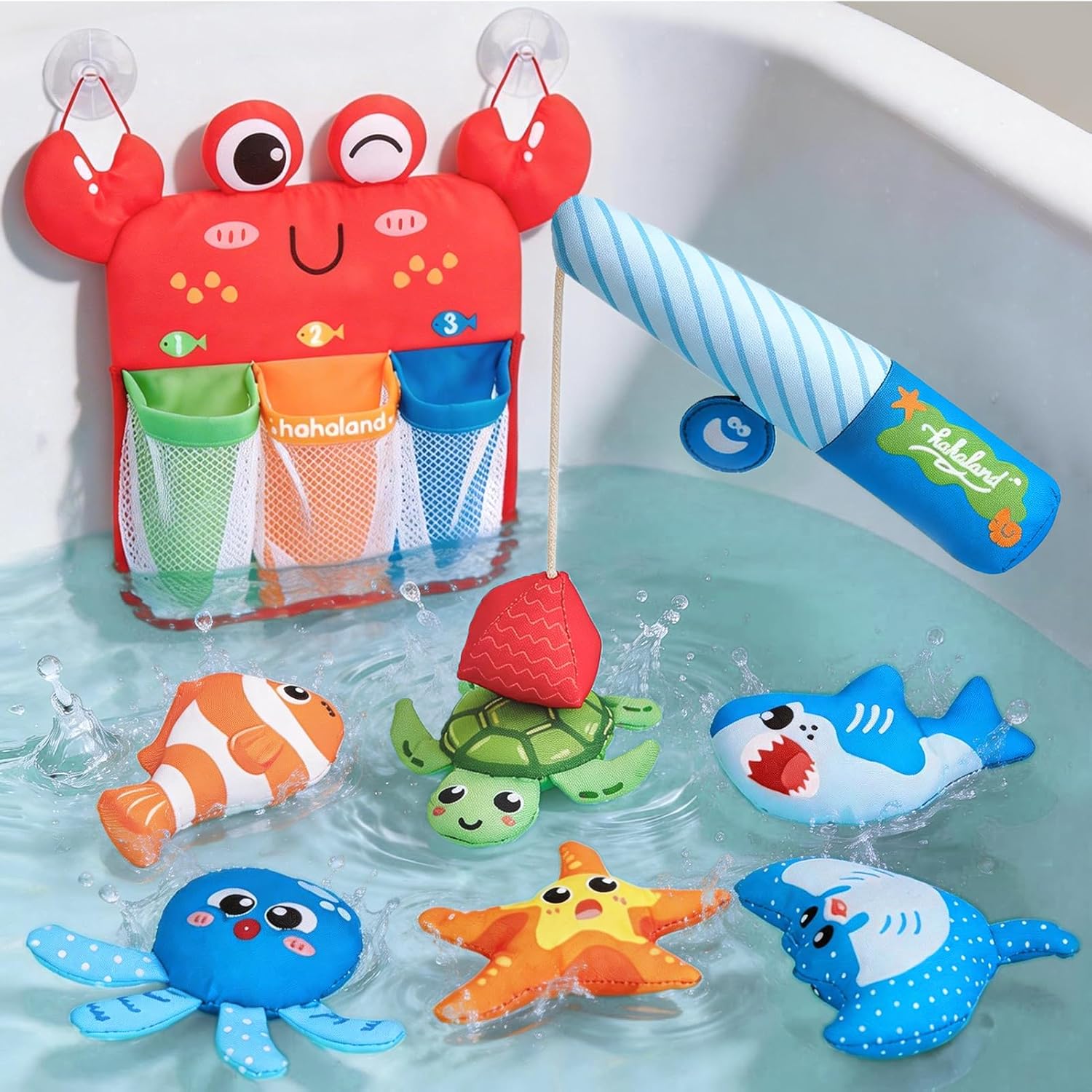 Montessori Fishing Bath Toy Set, Soft Bathtub Fishing Game with 6 Colorful Ocean Animals & Fishing Pole, 1 2 Year Old Baby Water Pool Toys with Suction Storage Bag