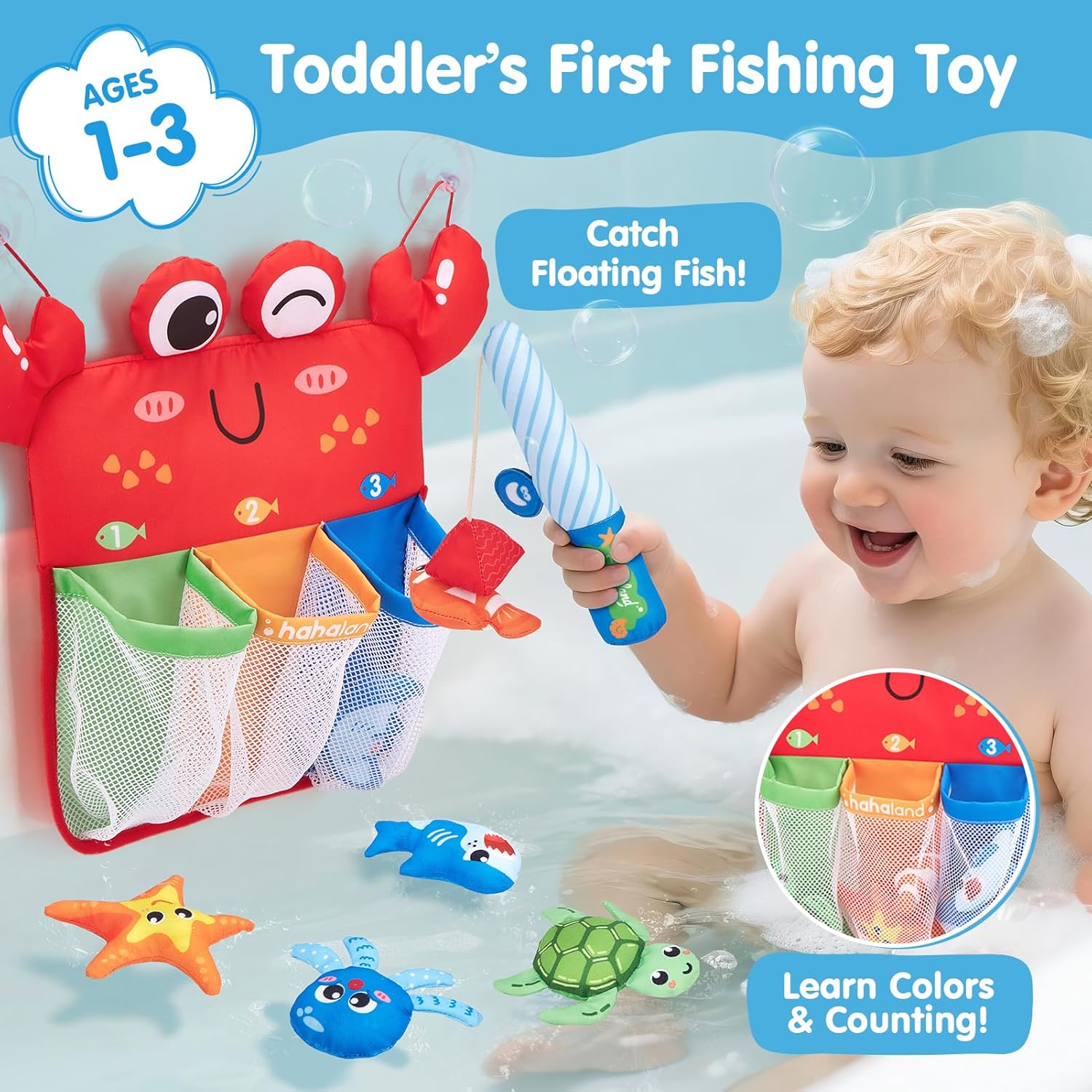 Montessori Fishing Bath Toy Set, Soft Bathtub Fishing Game with 6 Colorful Ocean Animals & Fishing Pole, 1 2 Year Old Baby Water Pool Toys with Suction Storage Bag