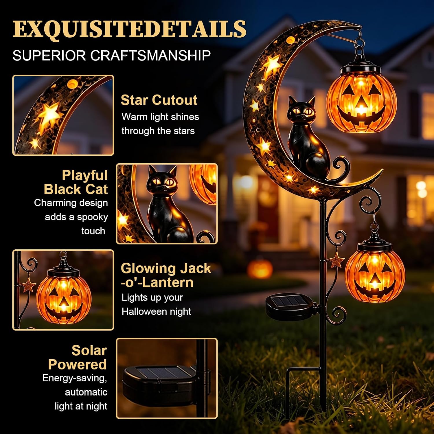Solar Halloween Black Cat & Pumpkin Moon Garden Stake Light