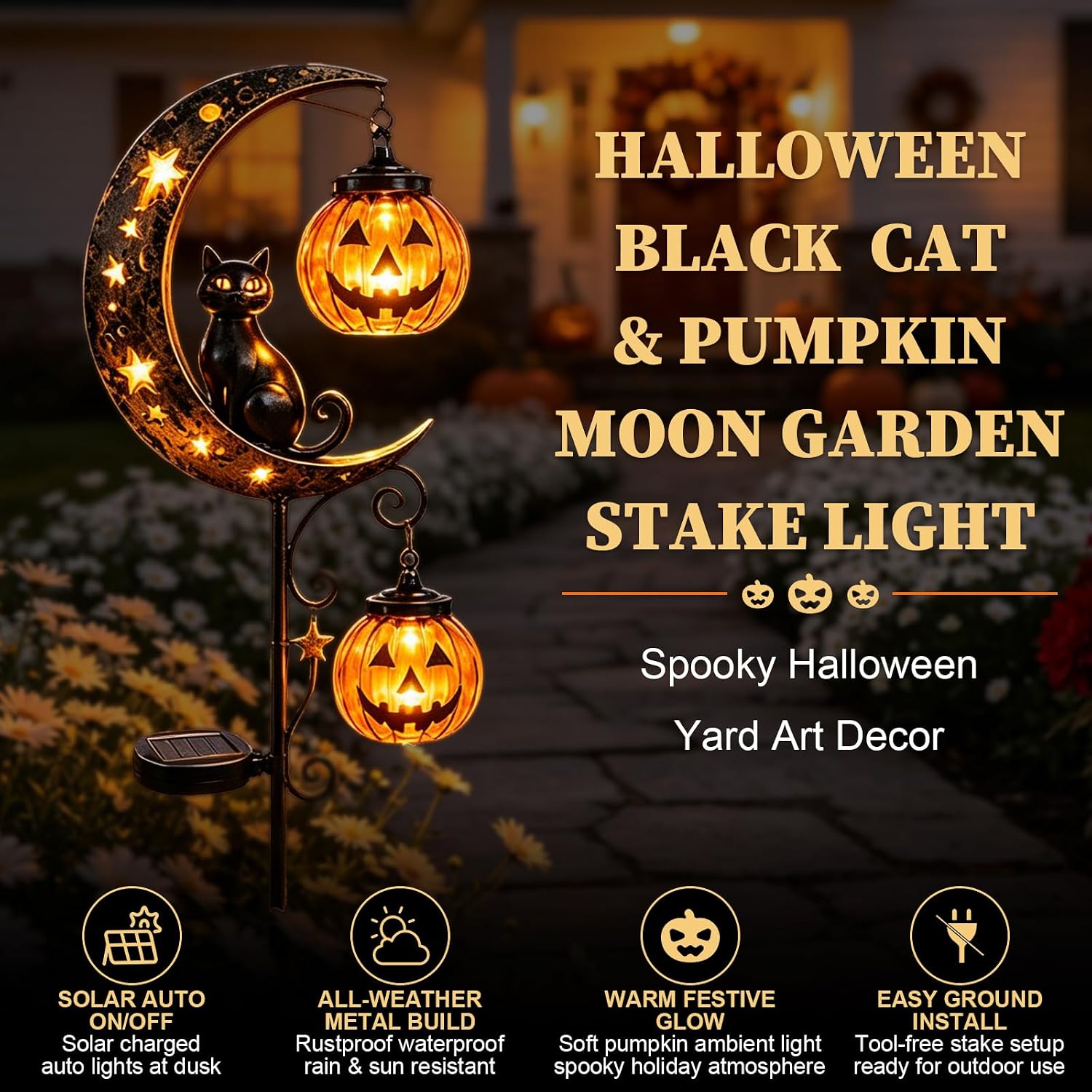 Solar Halloween Black Cat & Pumpkin Moon Garden Stake Light