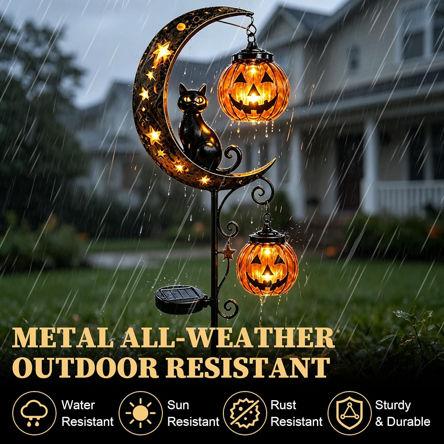 Solar Halloween Black Cat & Pumpkin Moon Garden Stake Light