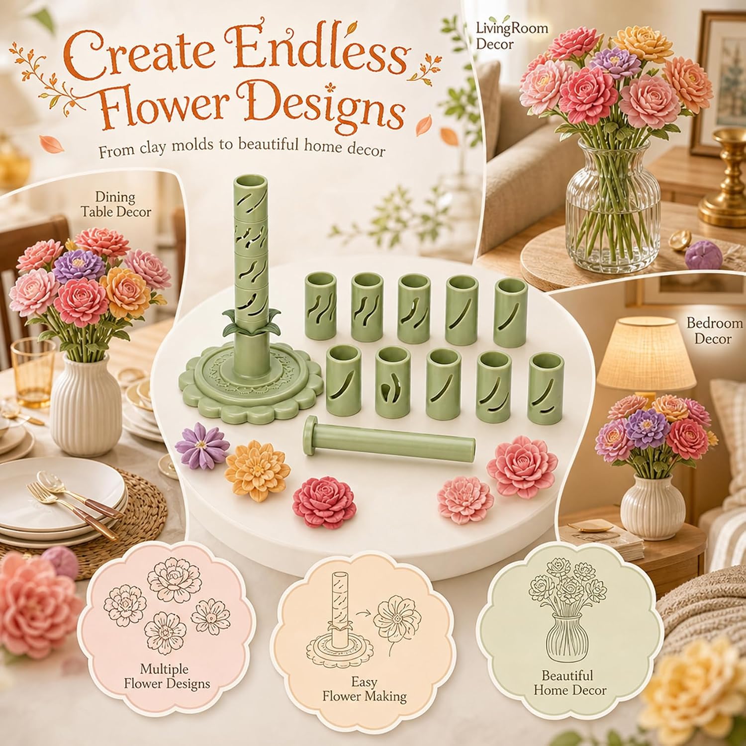 Modular Clay Bloom Maker with 9 Shaping Sleeves