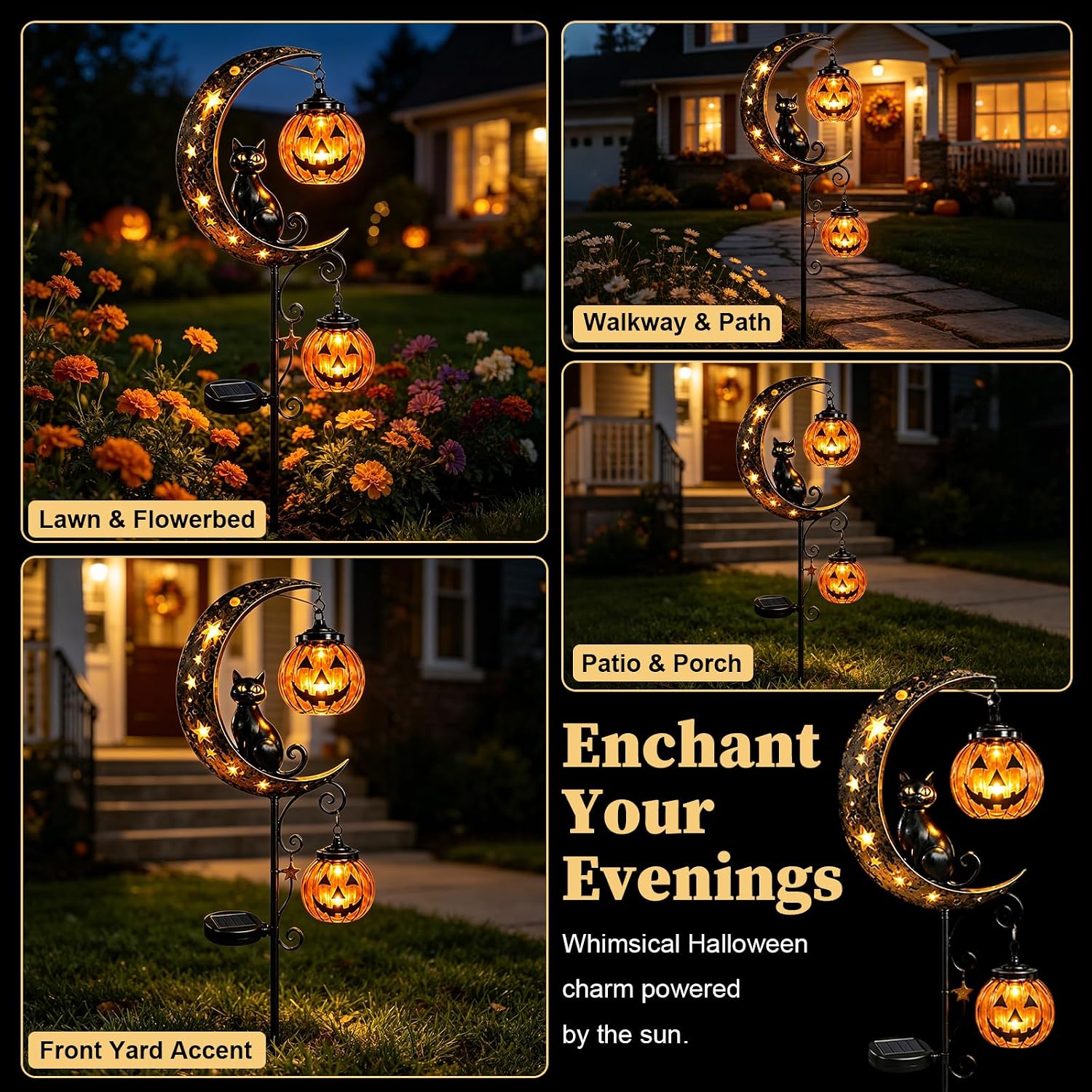 Solar Halloween Black Cat & Pumpkin Moon Garden Stake Light
