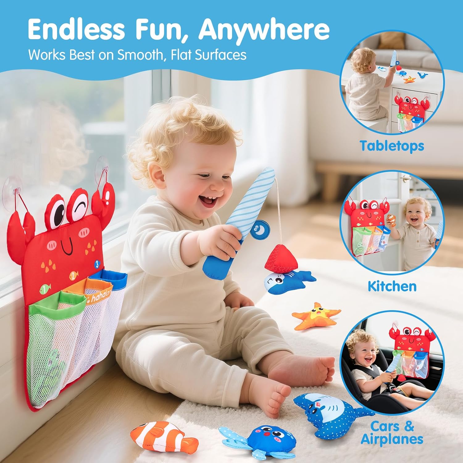 Montessori Fishing Bath Toy Set, Soft Bathtub Fishing Game with 6 Colorful Ocean Animals & Fishing Pole, 1 2 Year Old Baby Water Pool Toys with Suction Storage Bag