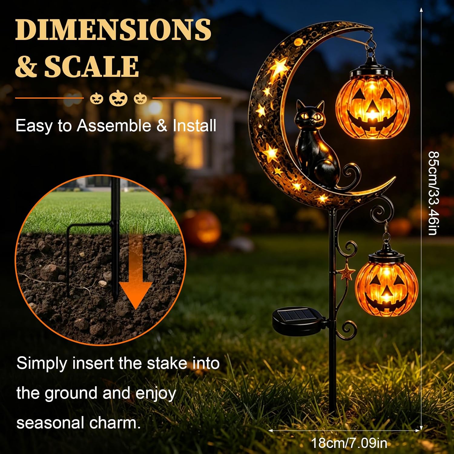 Solar Halloween Black Cat & Pumpkin Moon Garden Stake Light