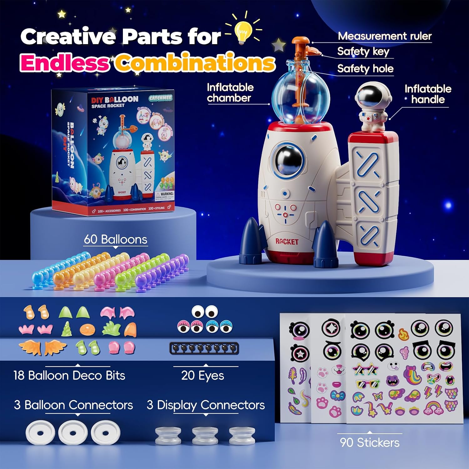 Space Magic Balloon Craft Kit, Sticker Decorated Balloons Toy for Kids, Rocket Air Pump Fun with Balloon Monster Pals