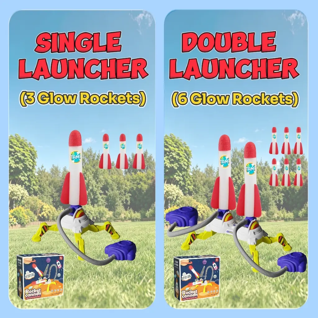 Rocket Launcher Toy Set - Light-Up Glow Foam Rockets, Adjustable Launch Stand with Durable Base for Stomping, 200 ft Launch Range, Playful Flying Toys, Outdoor Family Fun Holiday Gift Idea