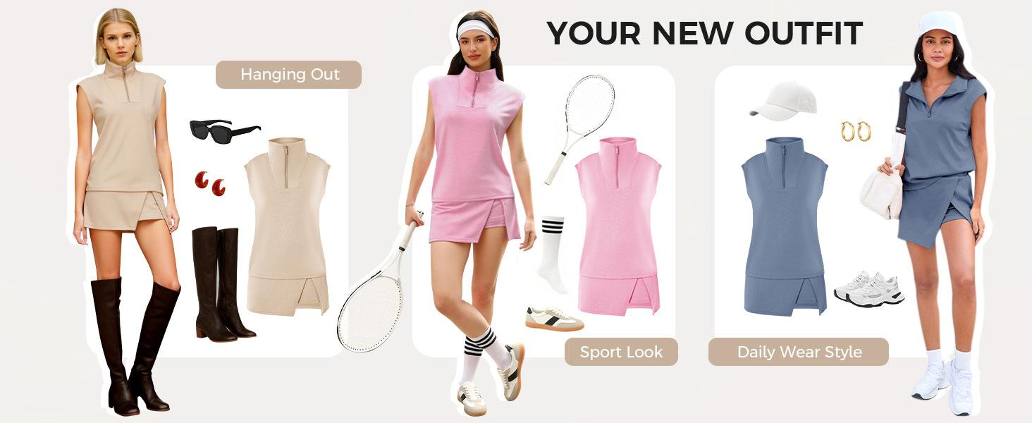 [HOT] Fisoew Womens 2 Piece Skirt Sets Summer Sleeveless Half Zip Sweatshirt Athletic Skorts Tennis Outfits Casual Sweatsuits