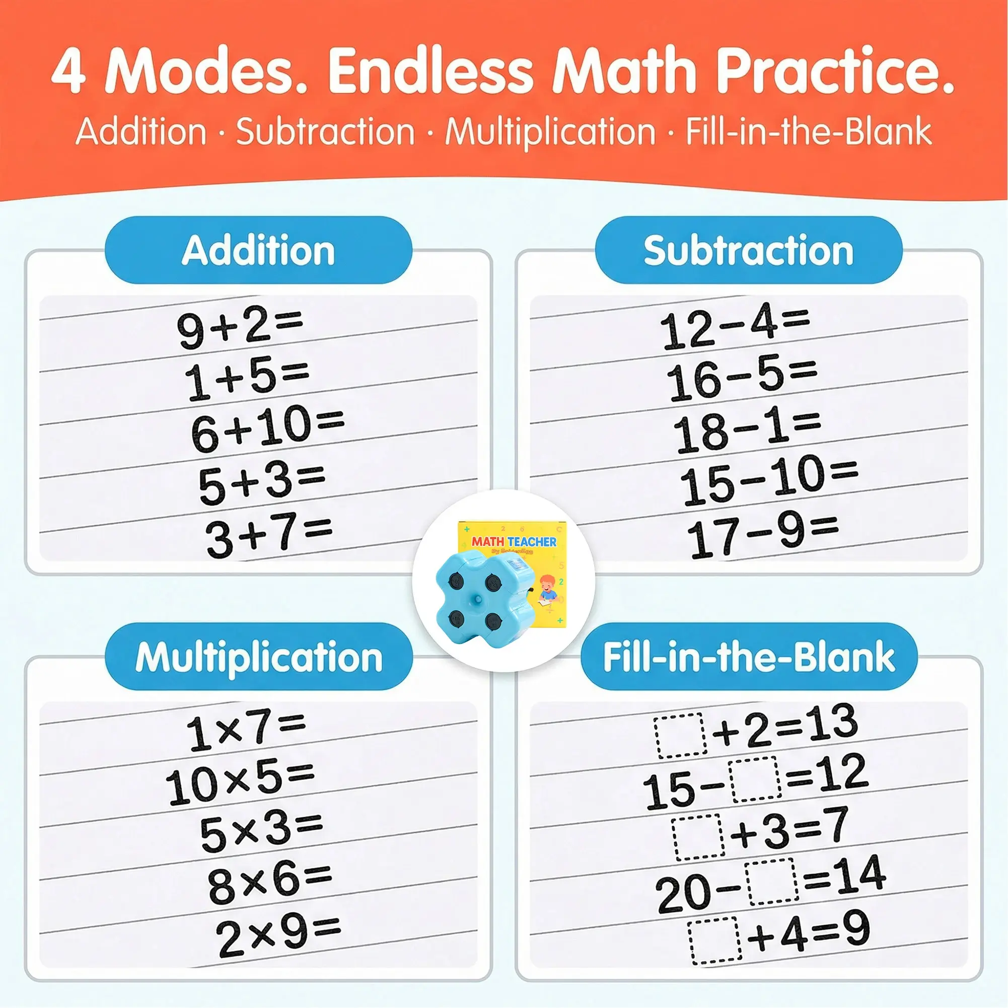 Math Teacher 4 in 1 Math Roller Stamp, Addition Subtraction  Multiplication Practice Tool, Math Stamp Roller for Kids  Ages 5-9 Classroom Home Use, Math Gift for Kids