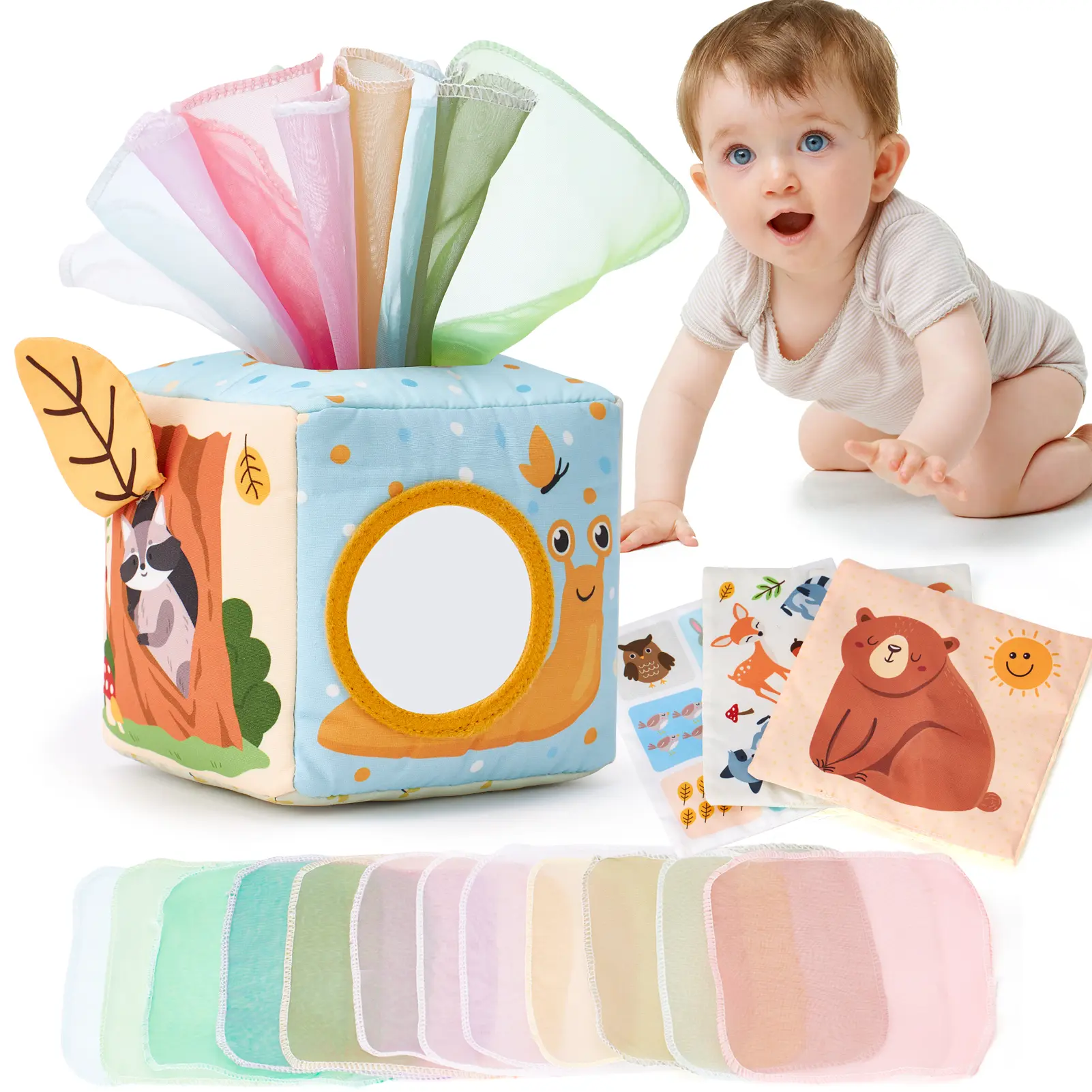 Baby Tissue Box Toy-Stuffers 6-18 Months Old Sensory Pulling Play Scarf Toy Montessori Toys Must Haves Valentines Day Baby Gifts Easter Basket Stuffers Creative Magnetic Blocks Math Learning Blocks