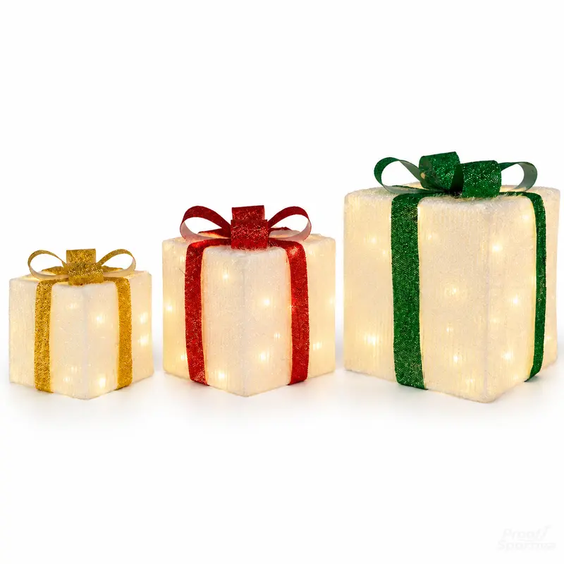 3pc Magical Plastic Christmas Ornaments Set with Gift Box - 8 Modes, Remote Control, Warm Light LED Lights, Ribbon Accents, DIY Assembly, AA Battery Powered (Battery Not Included) for Indoor/Outdoor Camping Hiking Use