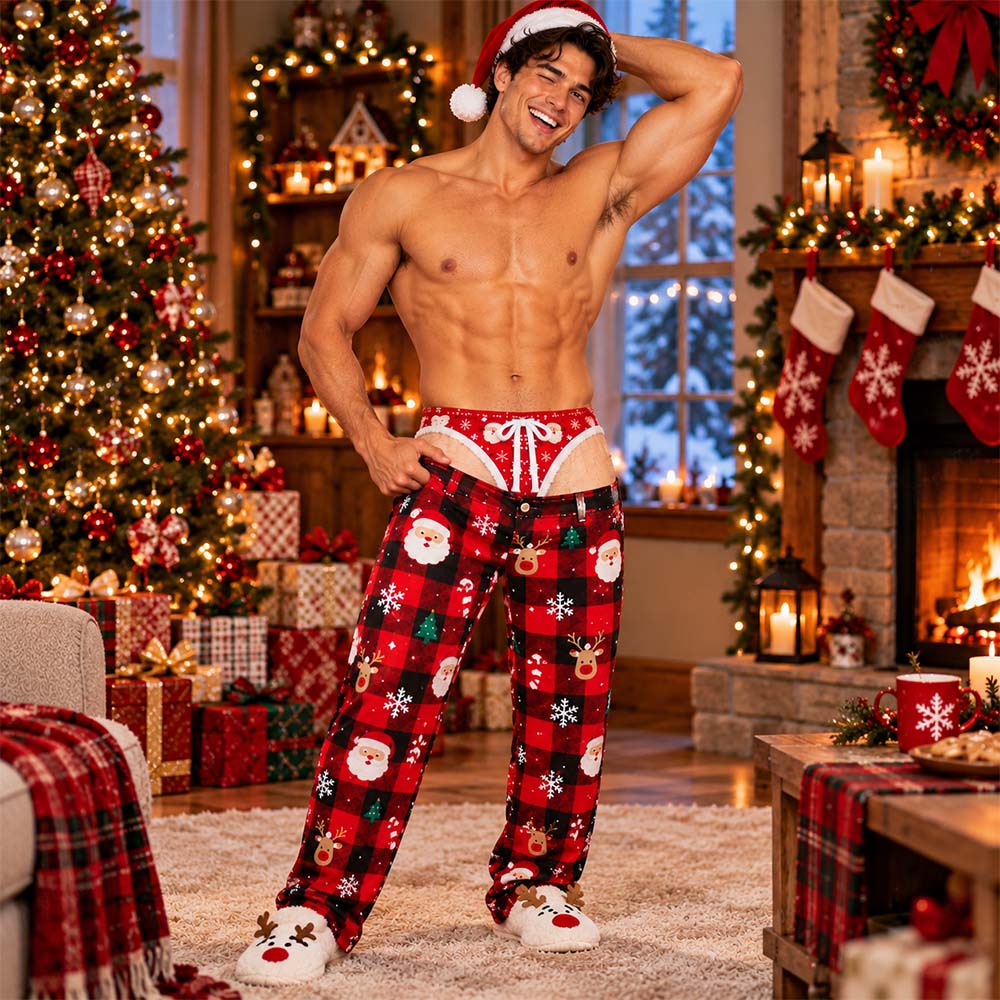 Ribbed Knit Holiday Print Style Pajama Pants, Christmas Party Gift