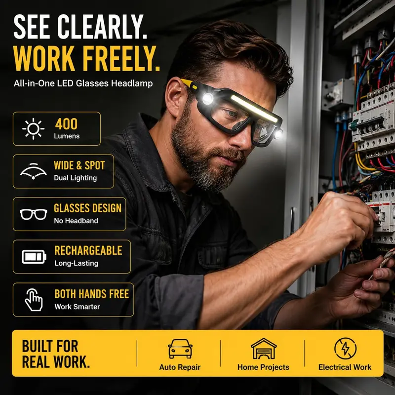 Rechargeable LED Headlamp Glasses - Hand-Wave Sense, Type-C USB Charging, 5-Mode COB Lights, Dual Side Spotlights, IPX4 Waterresist, Lightweight Motorcycle Accessories for Camping, Automotive Tasks