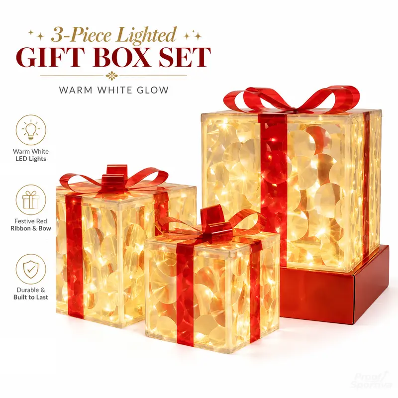 3pc Magical Plastic Christmas Ornaments Set with Gift Box - 8 Modes, Remote Control, Warm Light LED Lights, Ribbon Accents, DIY Assembly, AA Battery Powered (Battery Not Included) for Indoor/Outdoor Camping Hiking Use