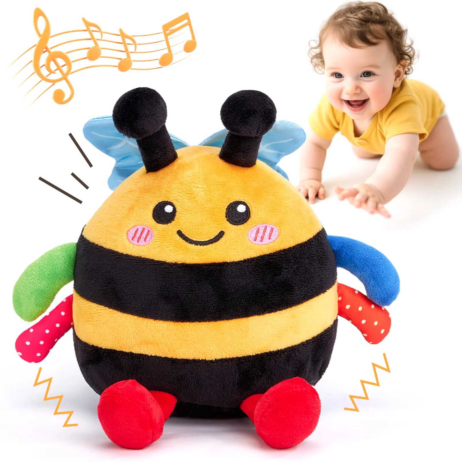 Crawling Musical Dancing Bouncing Learning Bee Plush,Abeja que baila/Abeja que canta/ Interactive,48 Songs & Repeat what you say,Tummy Time Toy infant toy for Birthday 0-3 Months/6-12 Months,Cute Gifts Play