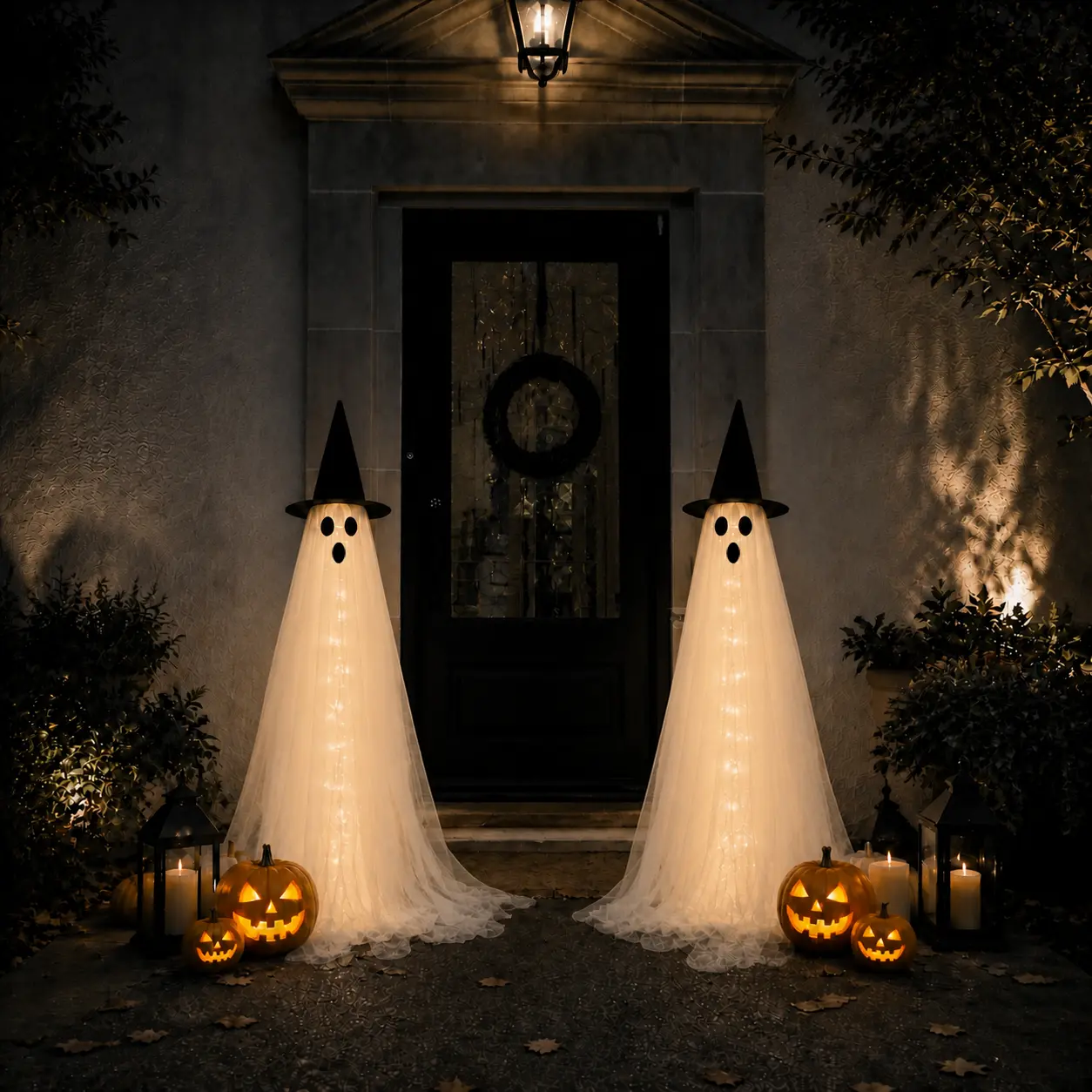 Halloween Spooky Lighted Ghost Decor Set, Indoor Outdoor Decorative Wind-Resistant Party Decoration Set with String Lights, Waterbags & Hats for Porch Yard, Lighted Party,sohochic