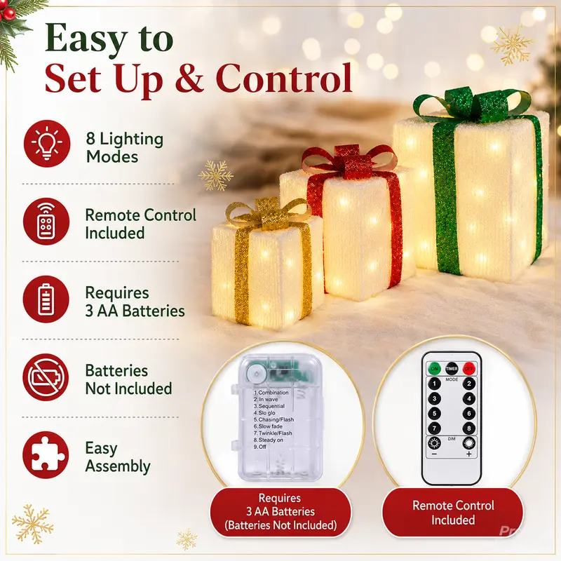 3pc Magical Plastic Christmas Ornaments Set with Gift Box - 8 Modes, Remote Control, Warm Light LED Lights, Ribbon Accents, DIY Assembly, AA Battery Powered (Battery Not Included) for Indoor/Outdoor Camping Hiking Use
