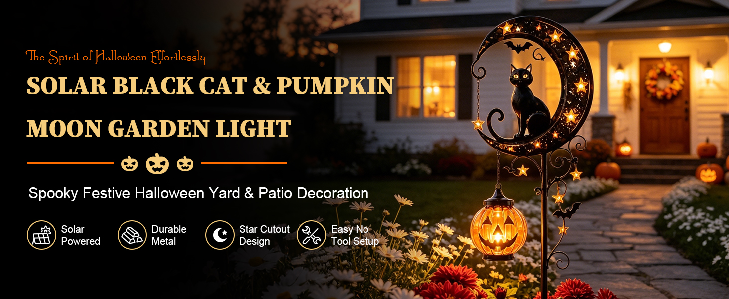 Solar Halloween Black Cat &amp;amp; Pumpkin Moon Garden Stake Light