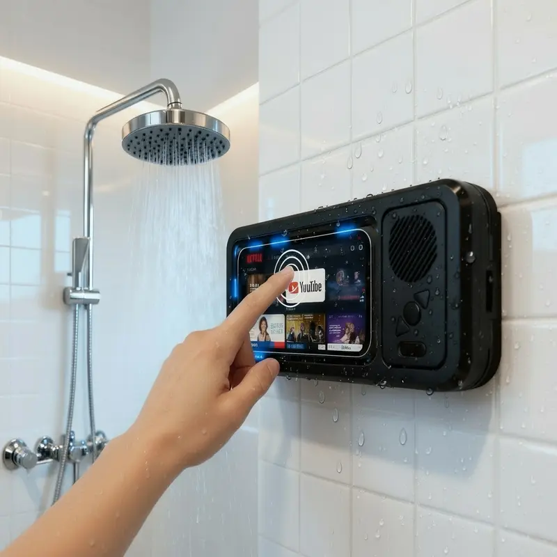 Waterproof Bluetooth-compatible Speaker with 360° Rotating Touch Screen, Shower TV-like Phone Mount for Video Viewing, Music & Bath Time in Bathroom, Kitchen & Pool, Waterproof Wireless Speaker