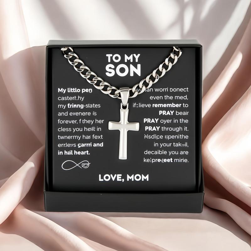 "To My Son" Stainless Steel Cross Pendant Necklace, Birthday Gift, Valentine's Day Gift, Christmas Gift, with Card and Gift Box Packaging, the Perfect Gift for Loved Ones Personalized
