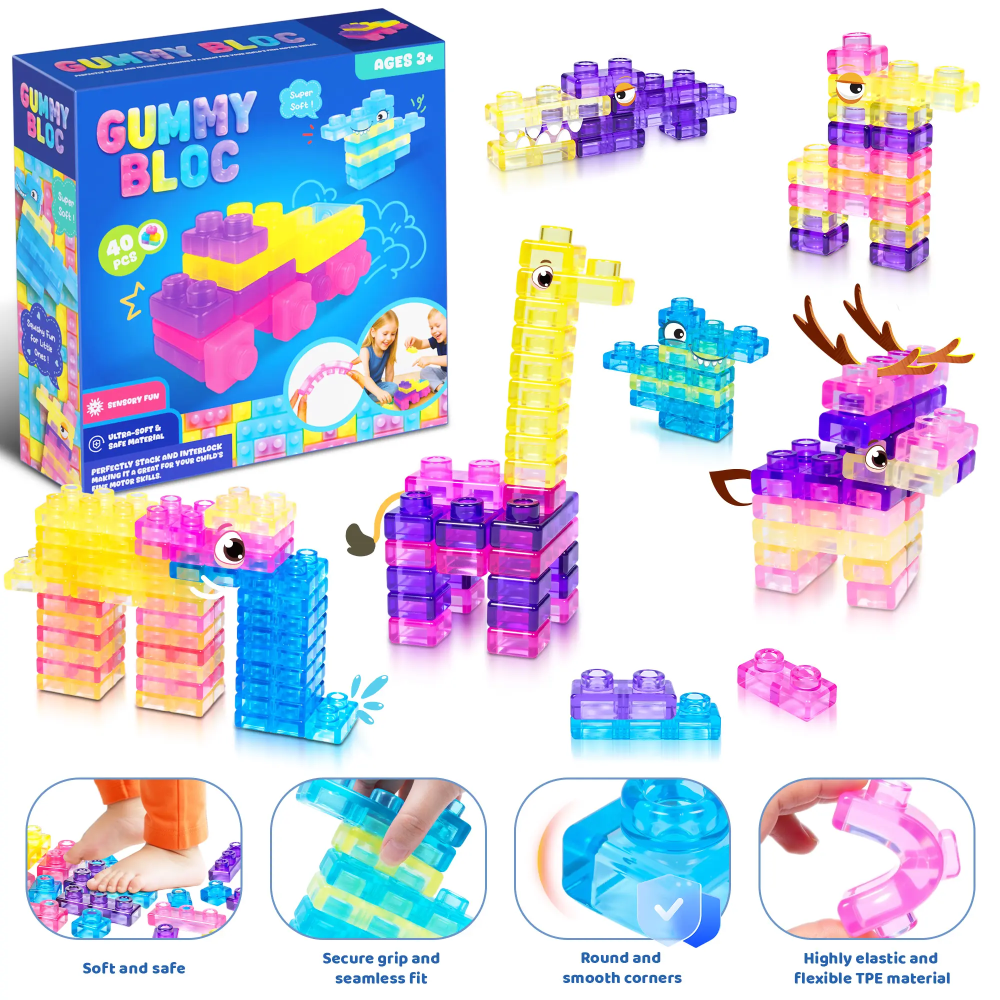 Soft Jelly Building Blocks, Squishy Multi-color Stacking Building Blocks Toy Set, Non-toxic Sensory Tactile Play Toy Safe Squeezable & Stretchable Fun, Puzzle Blocks for Kids Early learning Preschool STEM Creative Construction Bath Toy Age 3+ tikt