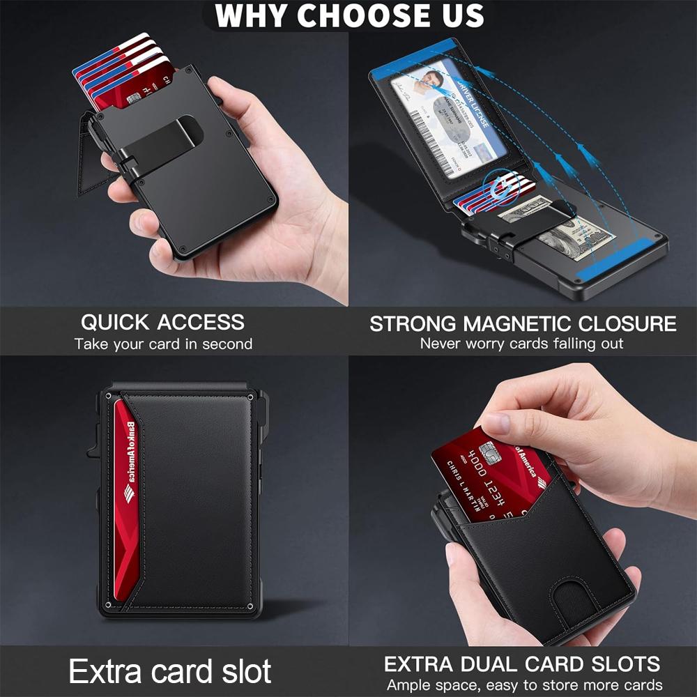 Minimalist Men&rsquo;s Slim Wallet: 9 - 13 Cards, Money Clip, ID Window. RFID - Blocking, Aluminum Bifold Pop - Up