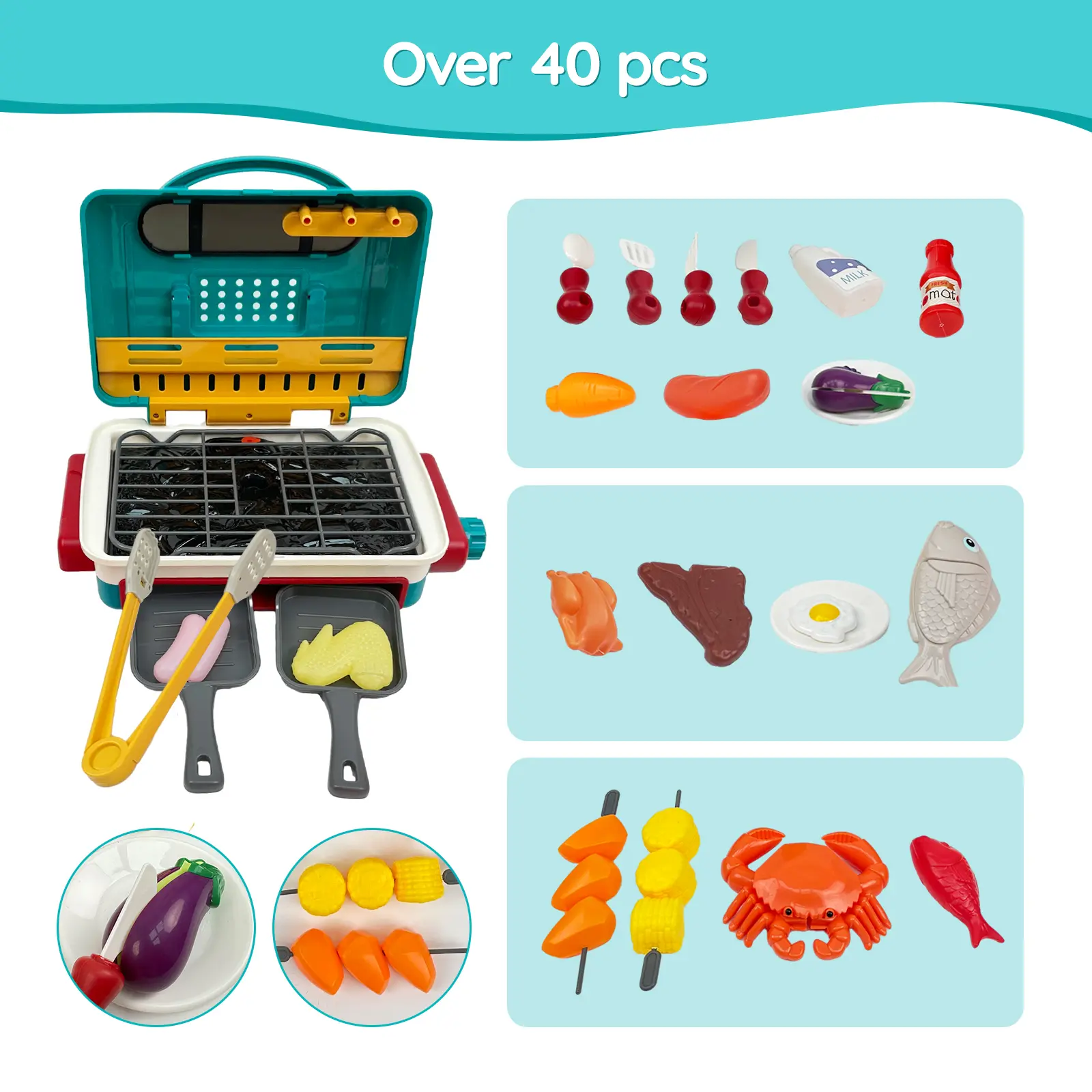 Kids BBQ Grill Playset with Smoke Light Sound, Toy Grill Set with Play Food Cooking Accessories, Pretend Kitchen Toy