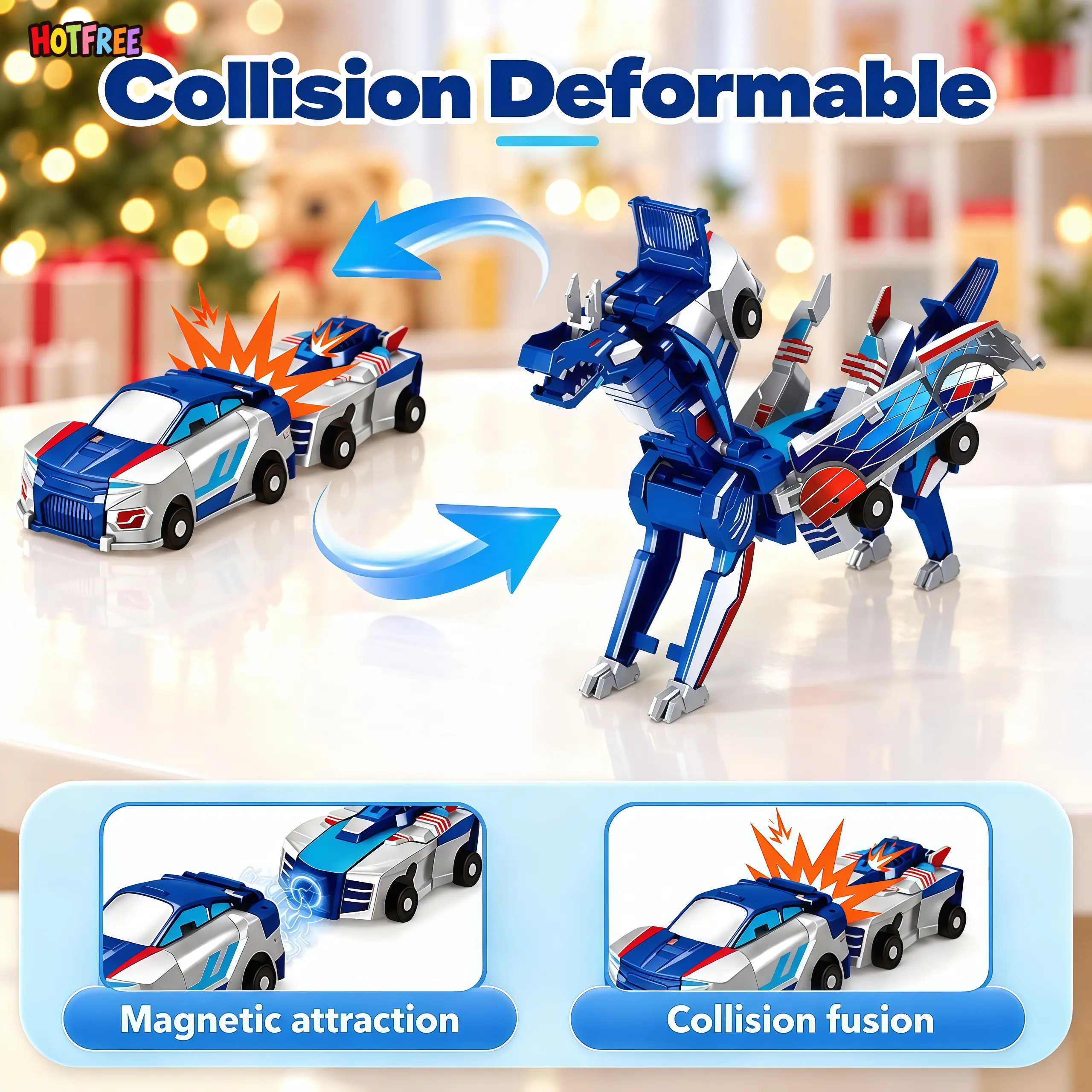 Magnetic Dinosaur Transformer Car Toy, 2-in-1 Magnetic Cars That Transform into Flying Dragon Deer and Unicorn, Automatic Collision Transforming Toy, Fun STEM Toy