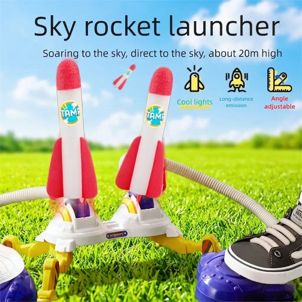 Rocket Launcher Toy Set - Light-Up Glow Foam Rockets, Adjustable Launch Stand with Durable Base for Stomping, 200 ft Launch Range, Playful Flying Toys, Outdoor Family Fun Holiday Gift Idea