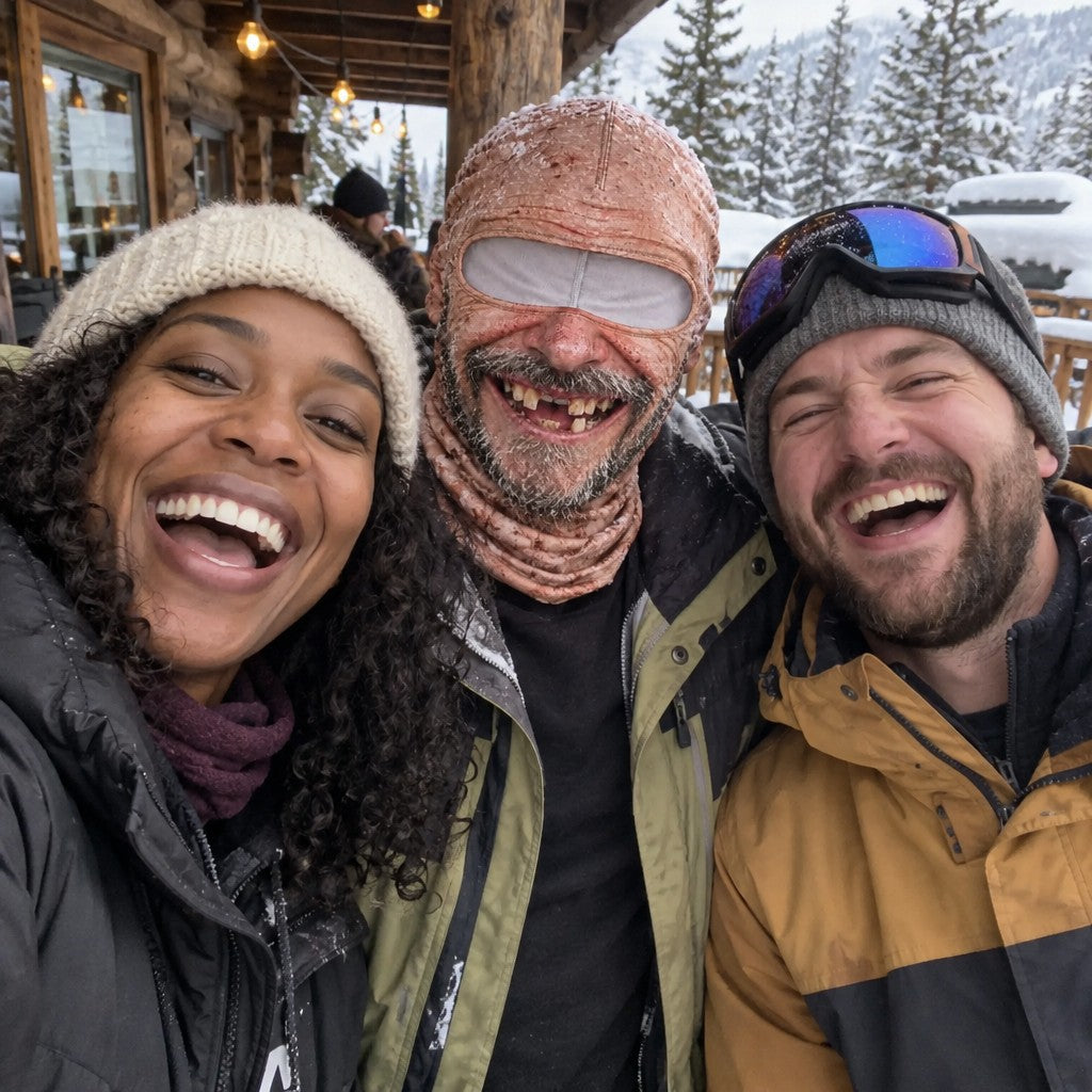 Three friends on a ski lodge deck taking a selfie, the middle one in the Uncle mask with the eye panel, the other two laughing