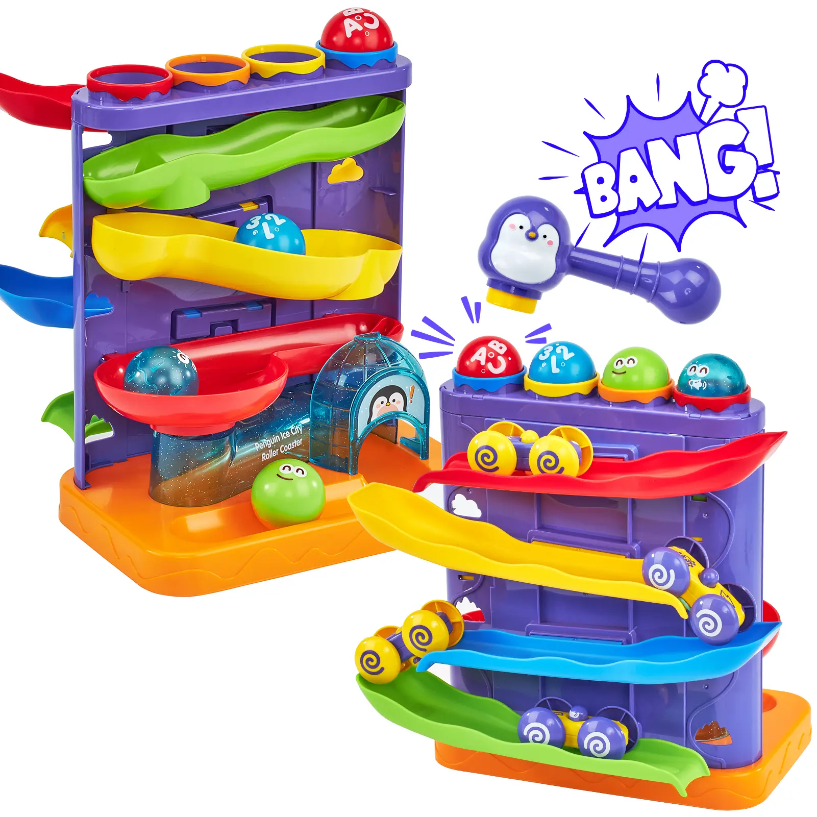 2 in 1 Pound Ball Toy & Car Ramp Race Track / Pop Up Montessori Toys with Hammers,Toddler Toys for 1 Year Old Boy，Learning Early Developmental Montessori Toys for 2 Year Old Christmas Birthday Easter Gifts, Toddler Playset