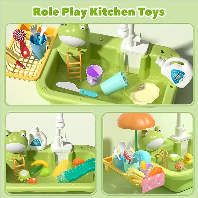 Play Sink with Running Water, Pretend Play Kitchen Sink with Upgraded Electric Faucet, Realistic kitchen play set learning cookingset Plastic Toy