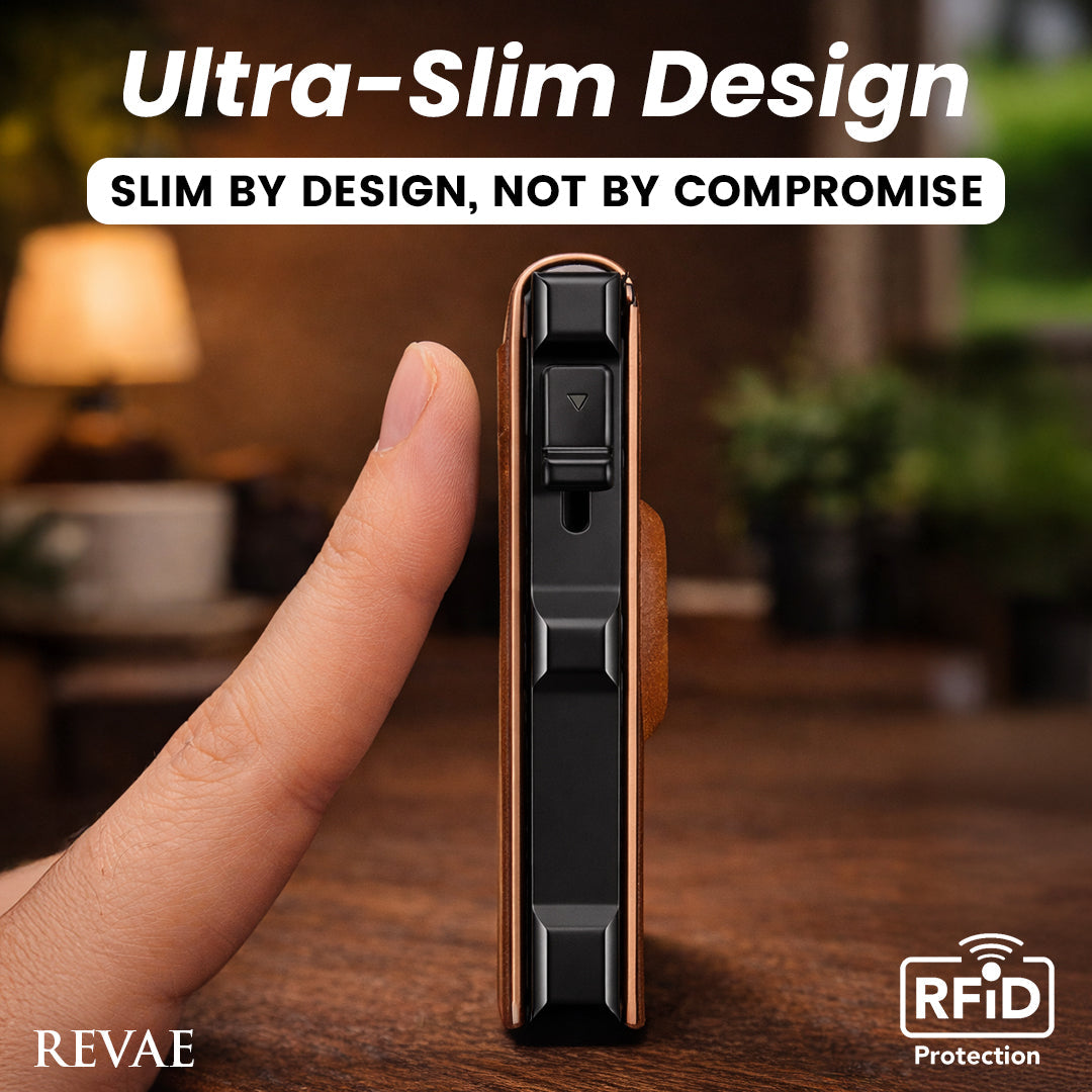Minimalist Men’s Slim Wallet: 9 - 13 Cards, Money Clip, ID Window. RFID - Blocking, Aluminum Bifold Pop - Up