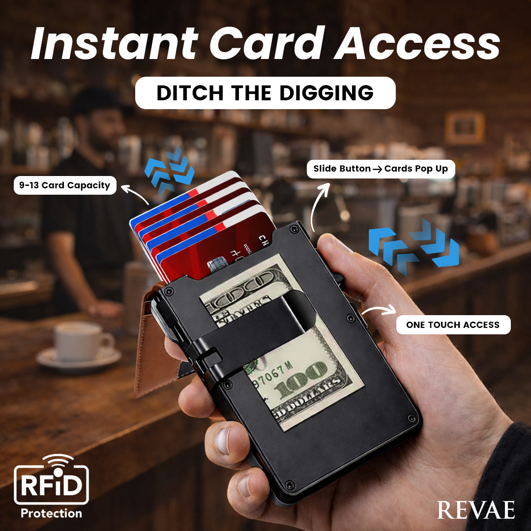 Minimalist Men’s Slim Wallet: 9 - 13 Cards, Money Clip, ID Window. RFID - Blocking, Aluminum Bifold Pop - Up