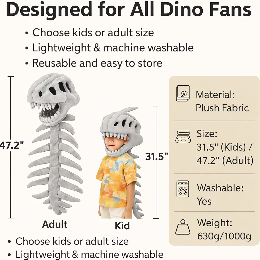 Dinosaur Skeleton Headgear Pillow, 4 Color Options Available, Unisex Cushion, Perfect for Party Cosplay and Sofa Lounging