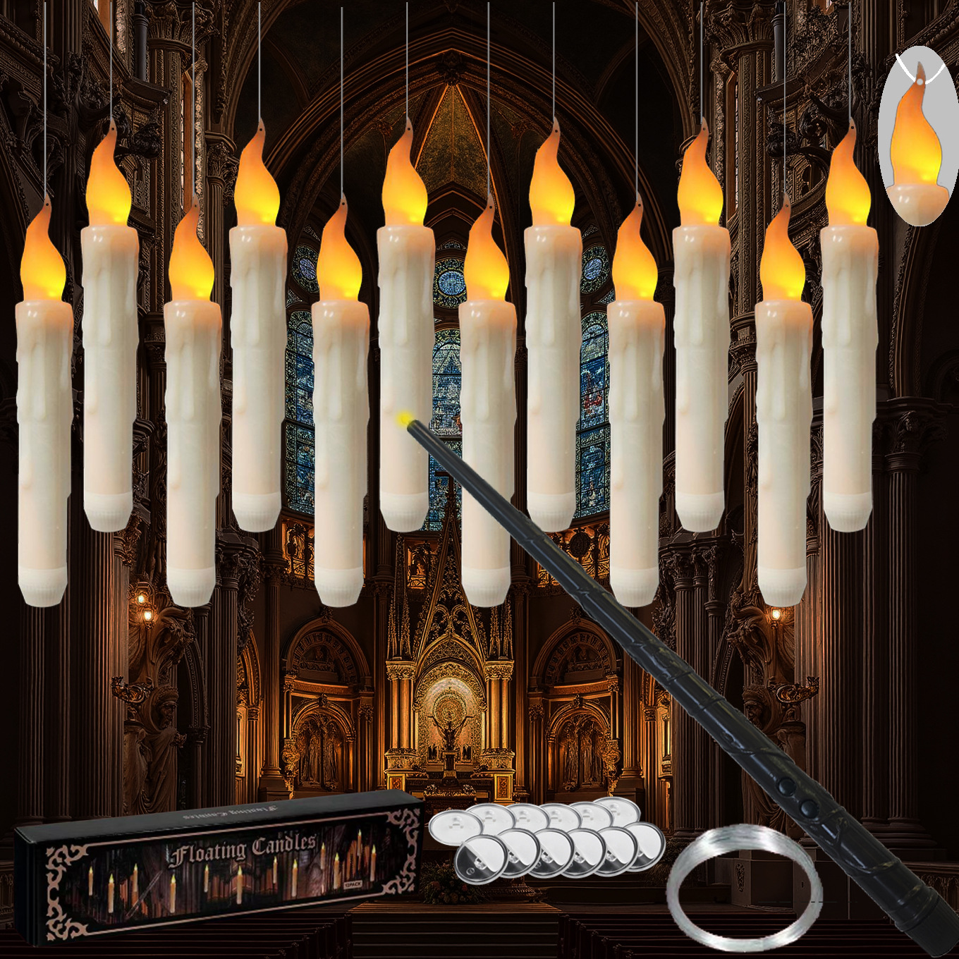 Flameless Candles with Magic Wand Remote for Christmas Decor, Floating Candles Battery Operated Hanging Window Candles, Flickering Electric LED Candle for Christmas Halloween Decorations