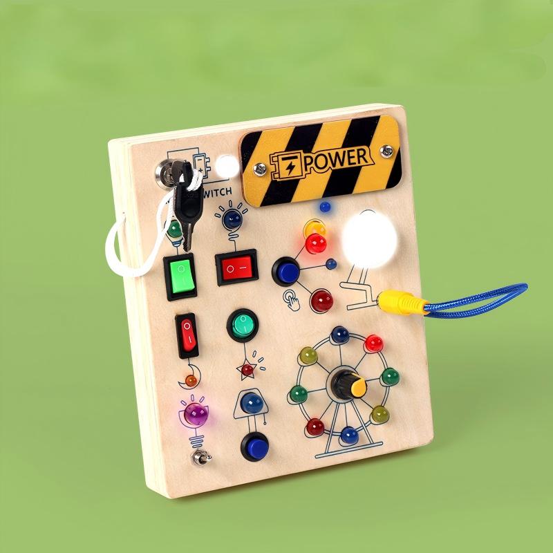 Busy Board, Montessori Toys, Wooden Busy Board with LED Light Up Switch, Learning Sensory Travel Toys, Valentine's Day Gifts Idea for Kids